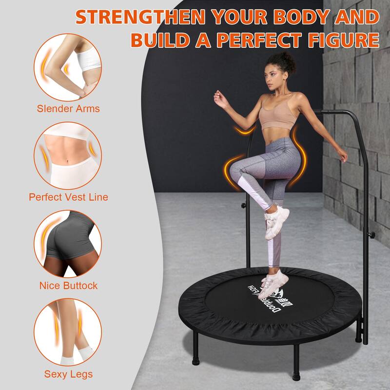 DOUBLE FISH Mini Trampoline - Adjustable Foam Handle, 400Lbs Capacity, Black Rectangular, Fitness Rebounder - 11