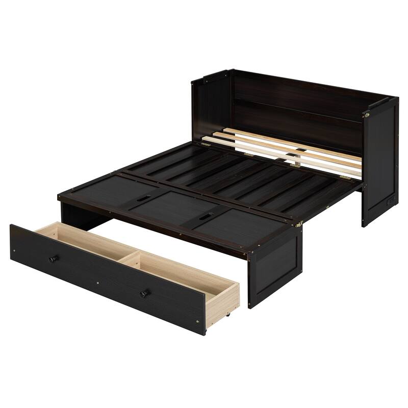 Space-Saving Full Size Murphy Bed with USB Port and Large Drawer, Espresso Finish