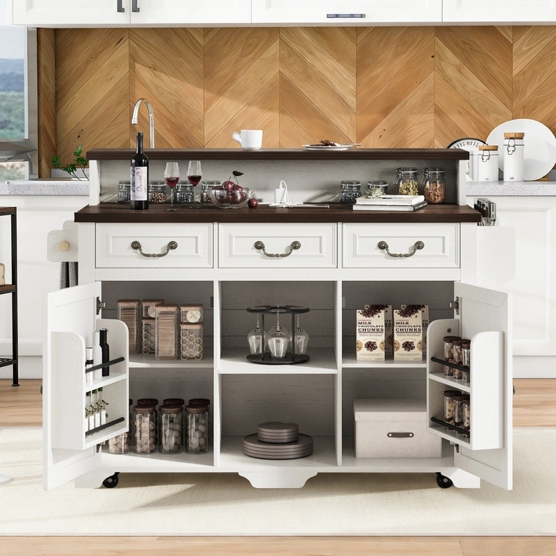 Farmhouse 53.2" Kitchen Island with Power Outlet, Rolling Island Table, Bar Cabinet with Storage 4 Door Shelves and 3 Drawers