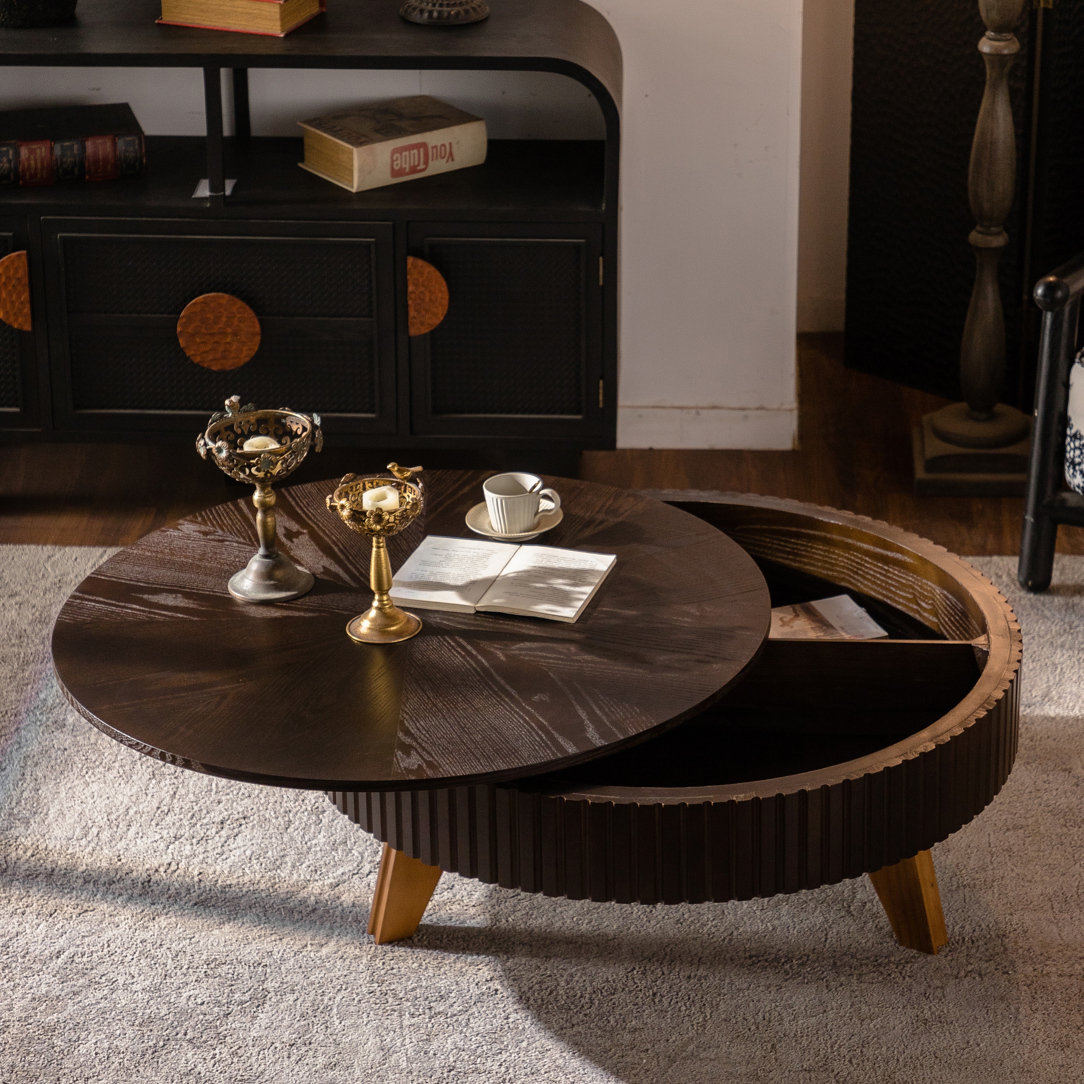 39.37" Retro Round Coffee Table with Storage Space, Suitable for Living Room and Office