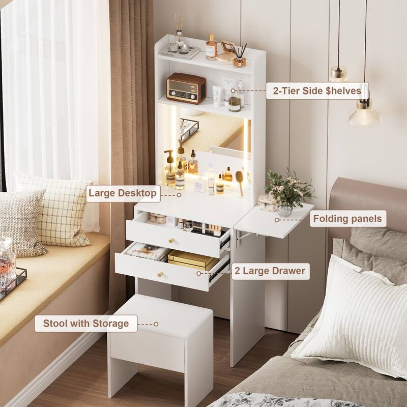 Makeup Vanity Table Set with 3 Adjustable Lighted Mirror and Storage Chair