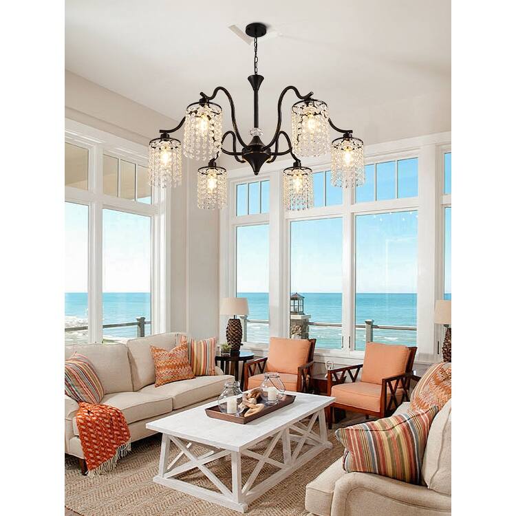 Modern Farmhouse Vintage Crystal Chandelier, 6-Light Rustic Kitchen Island Light Fixture