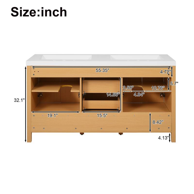 59.3" Double Sink Bathroom Vanity, Solid Wood Frame Vanity Cabinet, Double SMC Resin Sink - 59.3 Inch