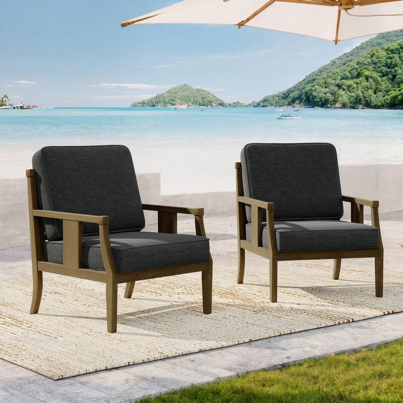 2 Set Brown Wood Outdoor Accent Club Chairs with Water-Resistant Cushions - Dark Grey