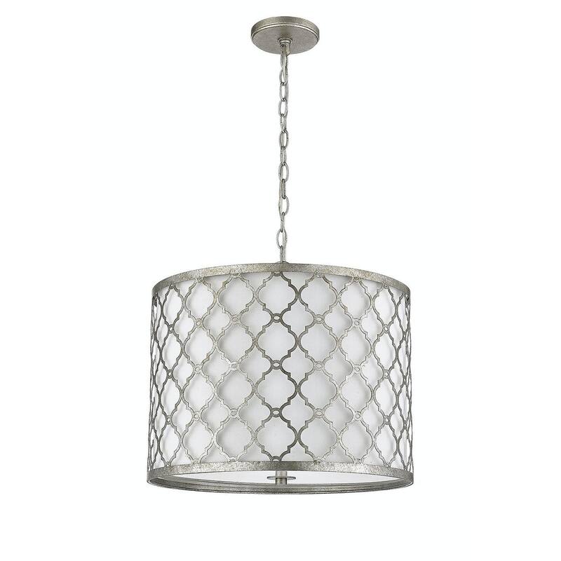 Antique Silver Drum Pendant with 3 Lights and Transitional Shade
