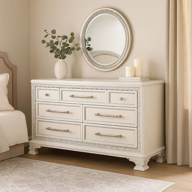 Miamy Wide Dresser, 7 Drawers w Jewelry Tray, Creamy White Pine Wood