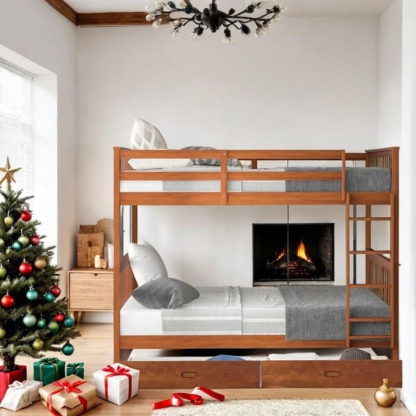 slide 2 of 57, Full-Over-Full Bunk Bed with Ladders and Two Storage Drawers Walnut