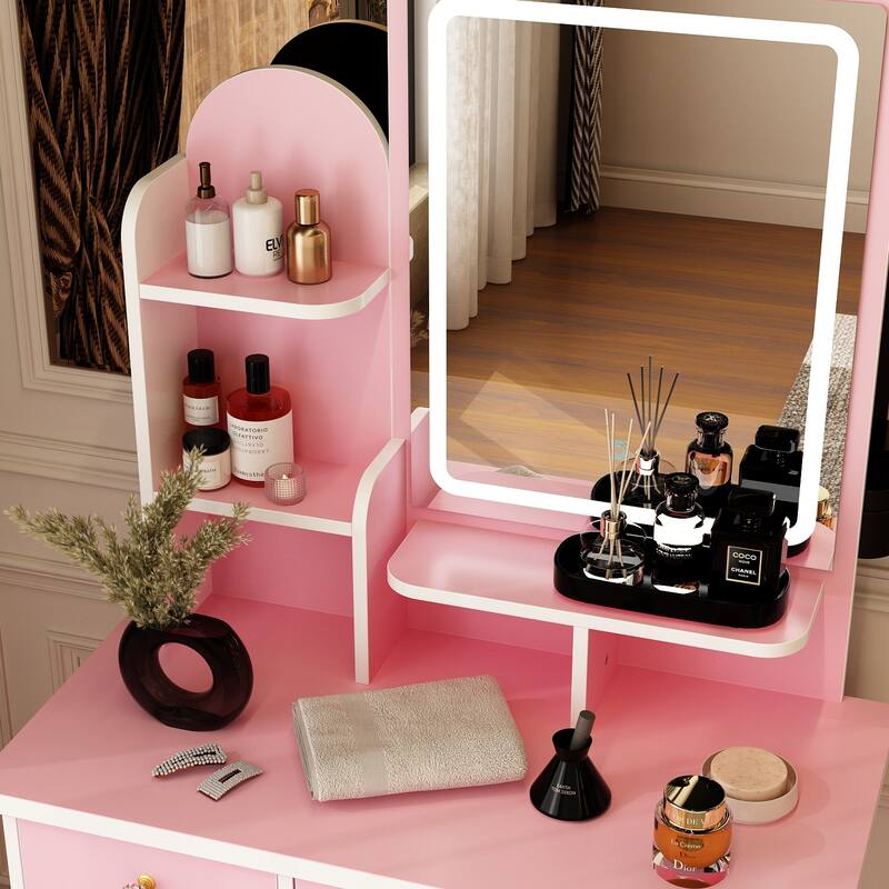 Timechee Makeup Vanity Set with Lightning Mirror, Drawer & Shelf - 31.5''L x 15.7''W x 55.1''H