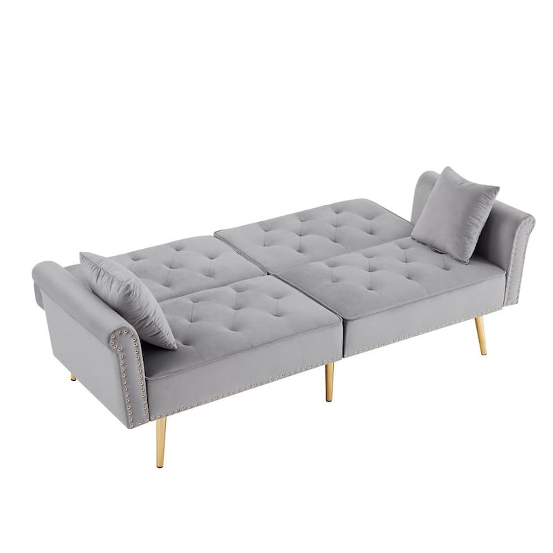 Velvet Tufted Sofa Couch with 2 Pillows and Nailhead Trim
