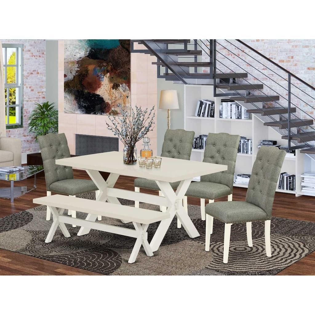 HomeStock 6-Pc Rectangle Natural Oak Finish Solid Wood Top Dining Table with 1-Bench, 4-Chairs