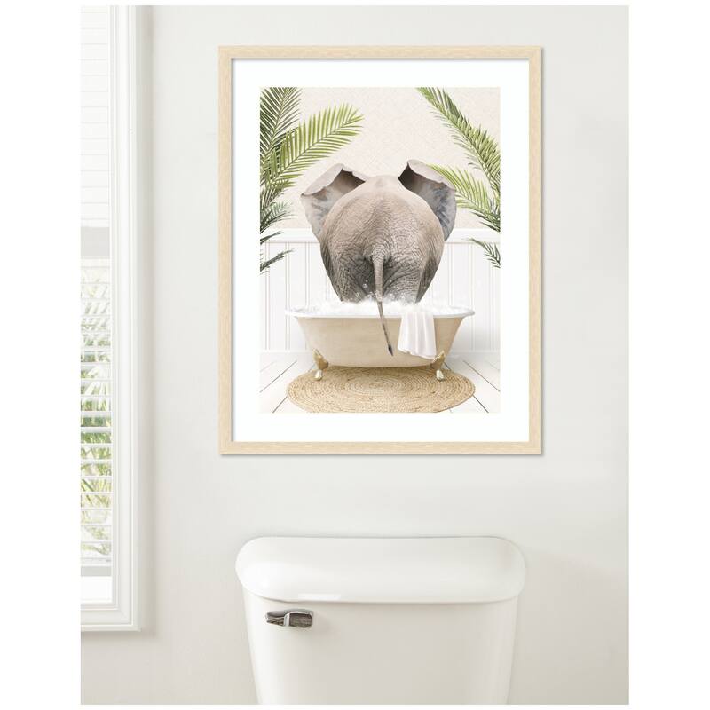 Kate and Laurel Elephant Back in Palm Bathtub by Amy Peterson Framed Wall Art Print