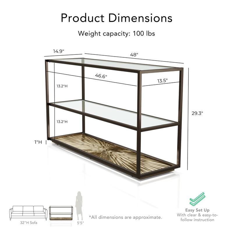 247 Shop At Home Aureum Modern 1-Shelf Sofa Table with Sunburst Base and Tempered Glass Top