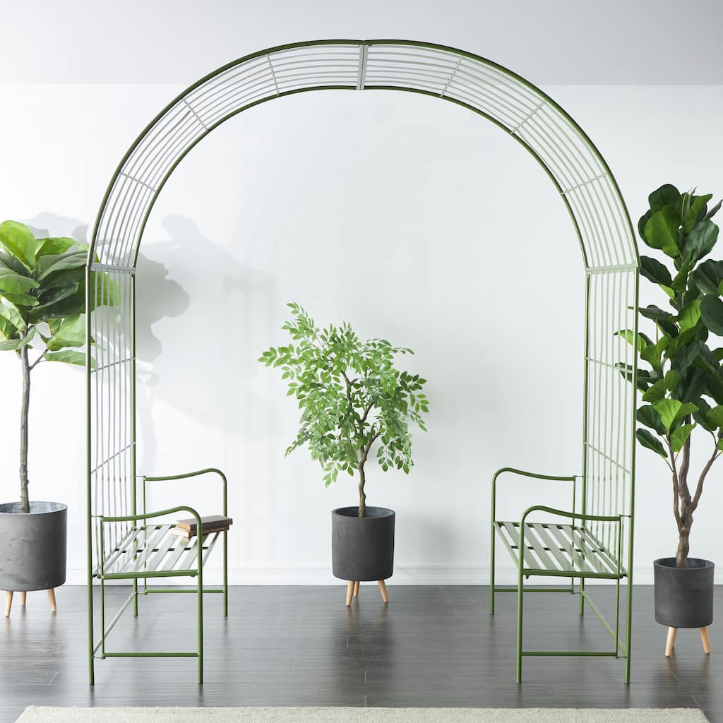 Green Metal Large Arched Garden Arbor with 2 Attached Benches