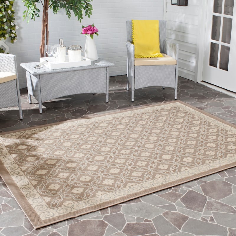 SAFAVIEH Courtyard Vernetta Indoor/ Outdoor Waterproof Patio Backyard Rug - 6'7" x 9'6" - Dark Beige/Beige