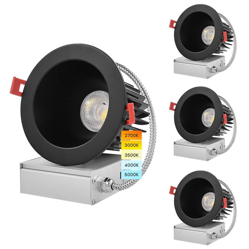 Luxrite 4 Inch LED Recessed Lighting, 18W, CRI 90, 5 Color Options 2700K-5000K, 1500 Lumens, Wet Rated - Black (4 Pack) - 5 Color Selectable 27K/30K/35K/40K/50K