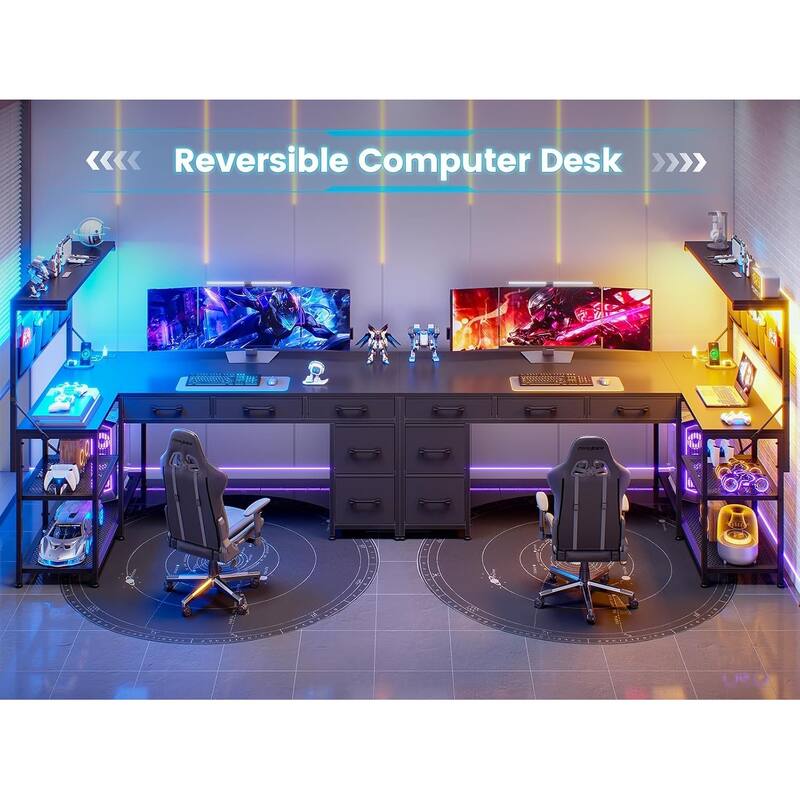 L Shaped Computer Desk 5 fabric Drawers Gaming Desk Storage Shelf