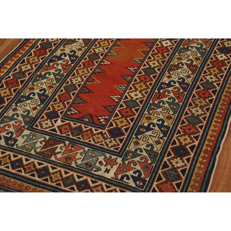 Hand Knotted Oriental 100% Wool Carpet Traditional Geometric Oranges & Rust Kazak Area Rug - 8' 4'' X 3' 6''