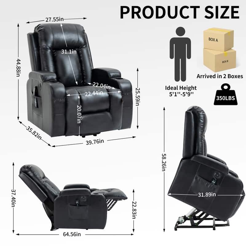 Heavy Duty Power Lift Recliner Chair with Massage, Heat, and USB Charging - Supports Up to 350 lbs