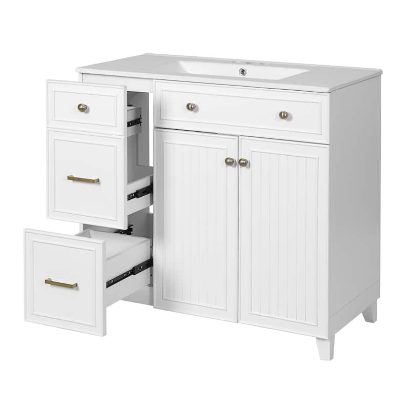 Roomfitters 36" Bathroom Vanity with Ceramic Sink, Soft Close Doors, Adjustable Shelves, Standard & Double Drawers