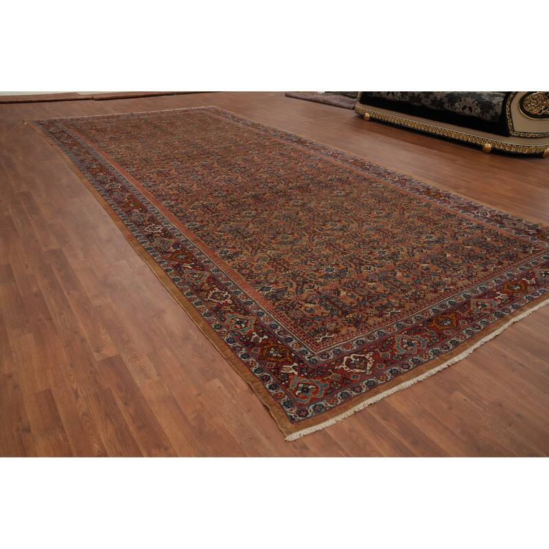Hand Knotted Oriental 100% Wool Carpet Traditional Floral Brown Heriz Area Rug - 16' 9'' X 7' 9''