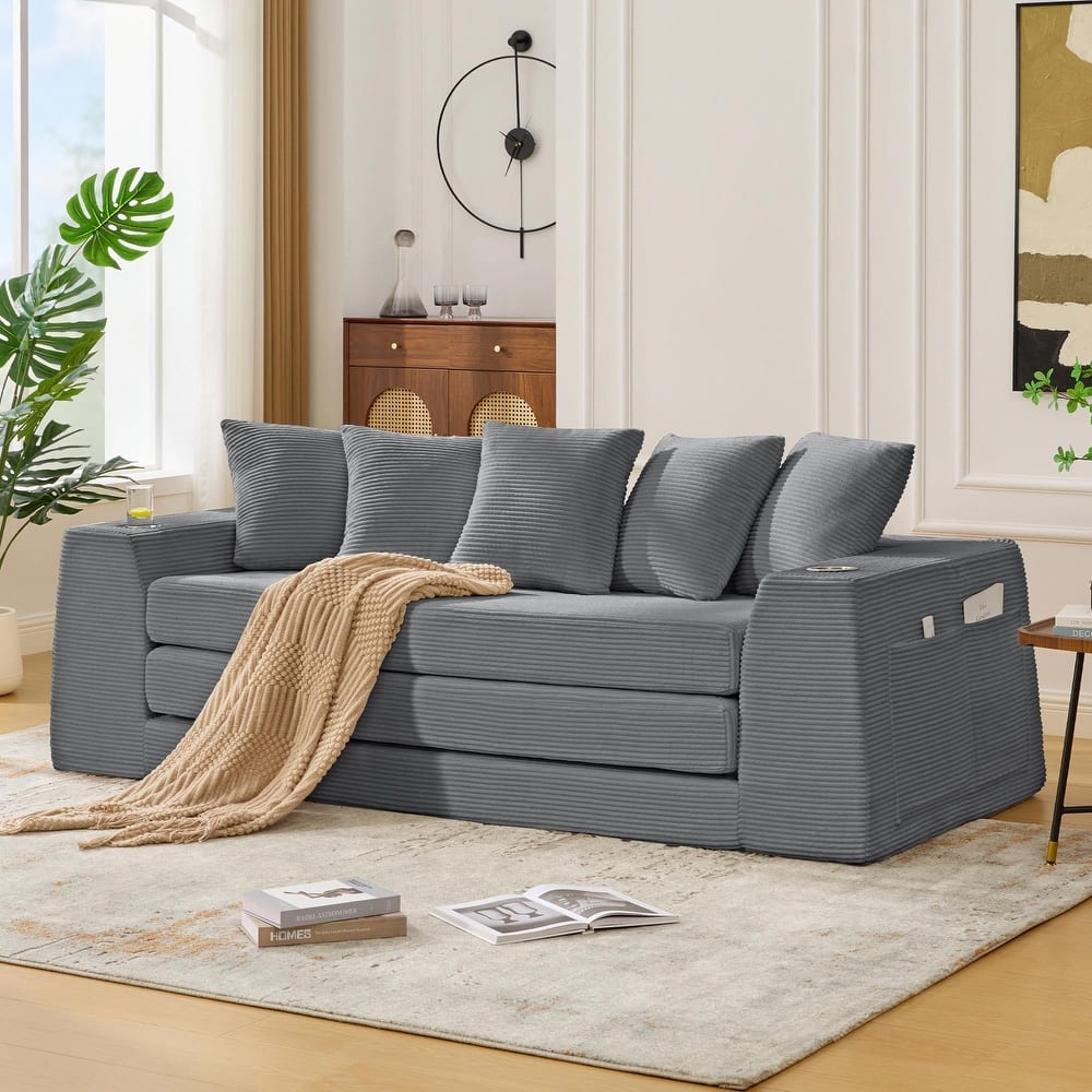 2-in-1 Convertible Corduroy Sofa Bed Folding Sleeper Loveseat Couch Full Floor Bed with Pillows, Storage Pockets and Cup Holders