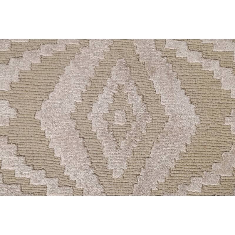 Beige Geometric Nepalese Oriental Area Rug Handmade Wool Carpet - 6'1" x 8'11"