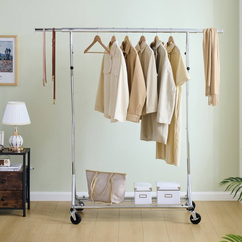 Mieres Clothing Rack, Collapsible Clothing Rack Max Capacity 600lbs, Industrial Rolling Rack with Bottom Shelf