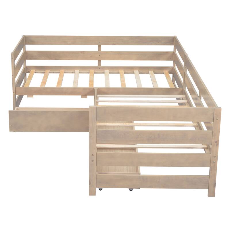 Twin Size L-shaped Platform Bed with Three Storage Drawers, Natural