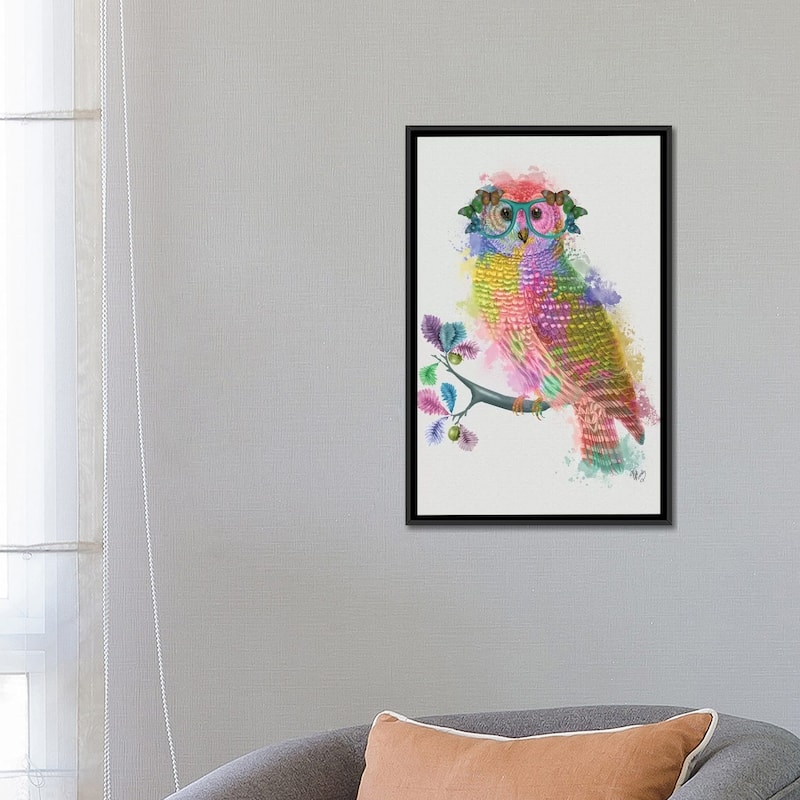 iCanvas "Rainbow Splash Owl" by Fab Funky Framed Canvas Print