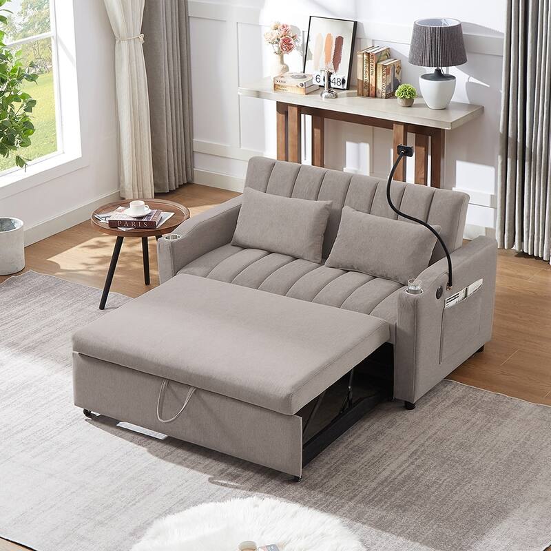 55.9" Sleeper Loveseat with Tech Set,USB,Cup and Phone Holder Included - Light Grey