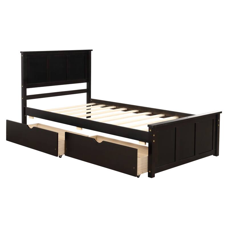 Pine Wooden Bed Frame with Wood Slat and Wheels, Twin Size Platform Bed with 2 Drawers Storage Bed for Bedroom/Apartment