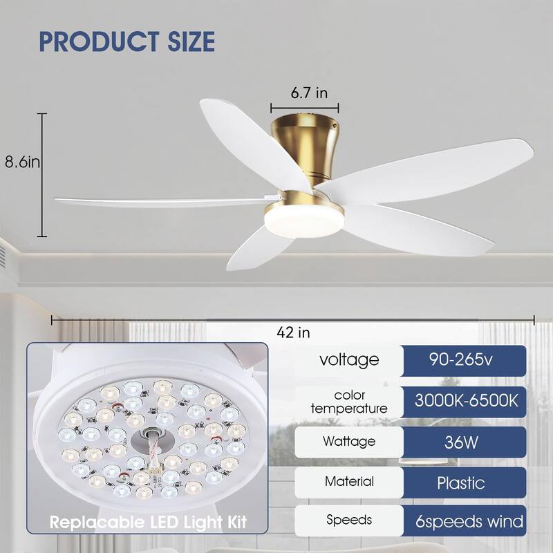 36"/42"/48" Low Profile Ceiling Fan with ABS Blades 3 Color LED Flush Mount for Bedroom Living Room APP and Remote Control