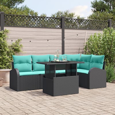 vidaXL 6 Piece Garden Sofa Set with Cushions Black Poly Rattan - 92.1×48.8×27.2