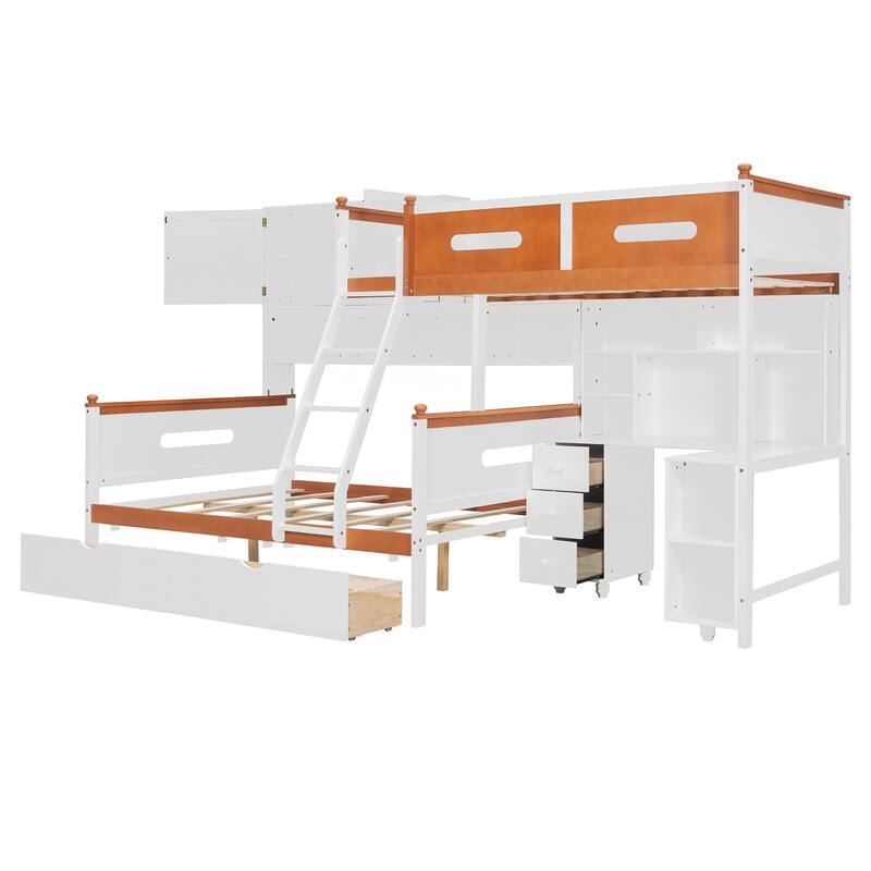 Roomfitters Twin Over Full Bunk Bed with Integrated Desk, Cabinet, & LED Lighting, Modern Storage Sleeper System, White & Orange