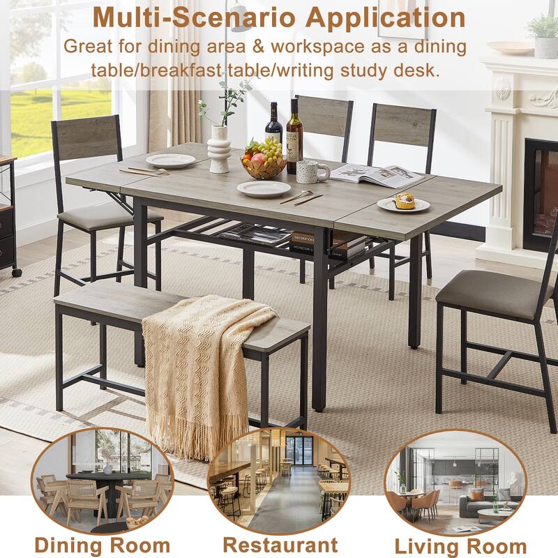Modern Industrial 63.2'' Extendable Dining Table w/Drop Leaf, Seats 6