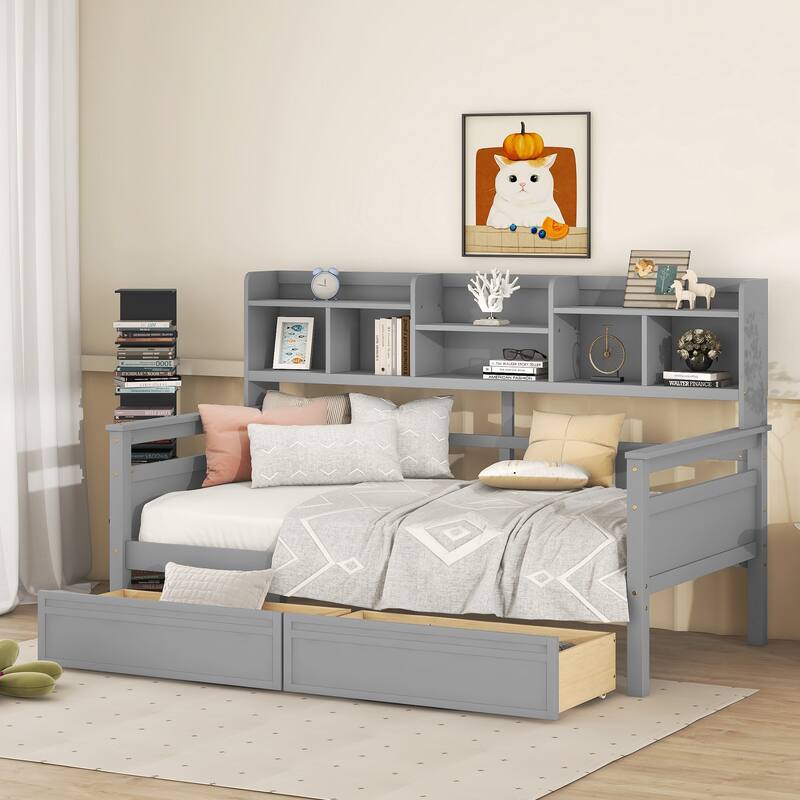 Twin Daybed with Storage 2 Drawers & Shelves, 250lb Capacity, Solid Wood Frame - Gray