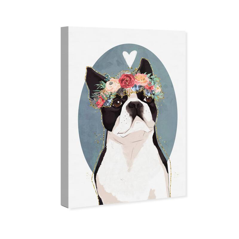 Wynwood Studio Canvas Fashion and Glam Floral Dog Portrait White and Light Blue Modern & Contemporary Wall Art Canvas Print