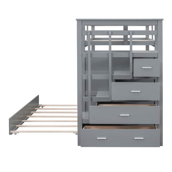 slide 2 of 40, Gray Twin Over Twin Bunk Storage Bed Frame with Trundle and Staircase
