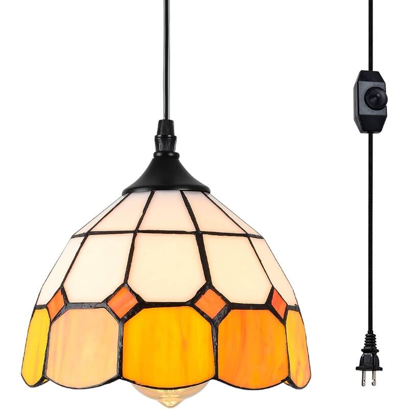 Hanging Pendant Light - Dimmable Mini Plug in Light Fixture, Perfect Vintage Swag Ceiling Lamp for Dining Room, Bedroom - Yellow+White