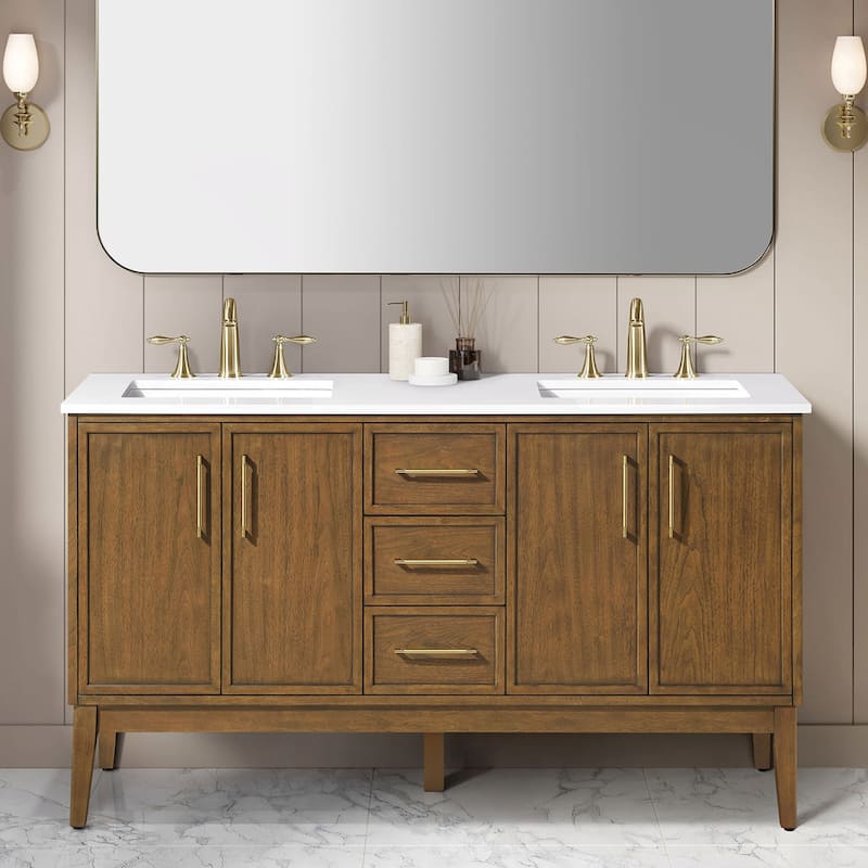 Ove Decors KIRA-60 Kira 60" Free Standing Double Basin Vanity Set with - Warm Walnut - Walnut Finish