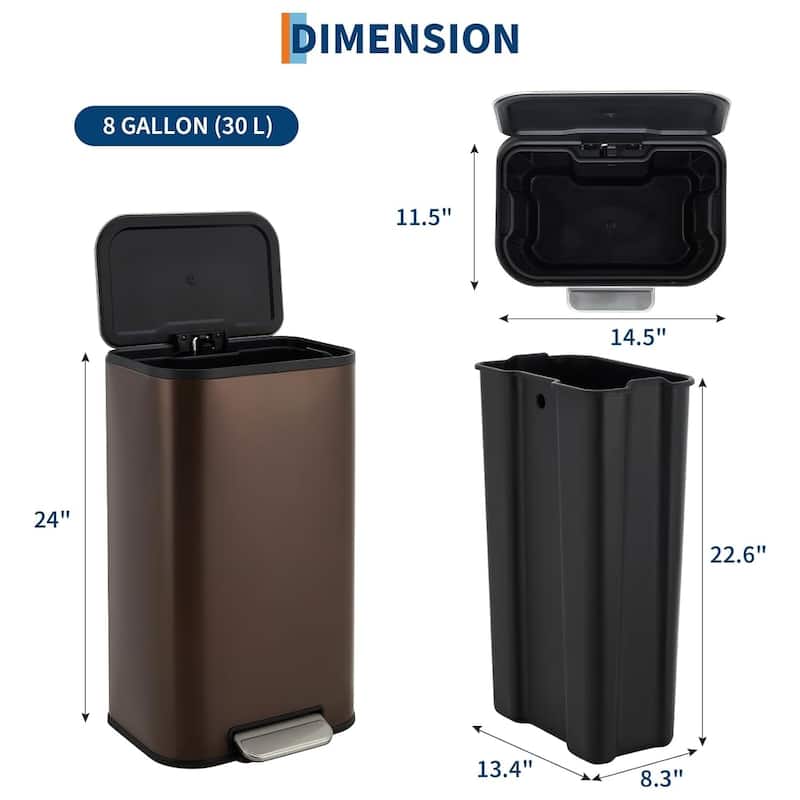 3.2 Gallon Stainless Steel Step Trash Can with Soft Close Lid and Removable Bucket Brown