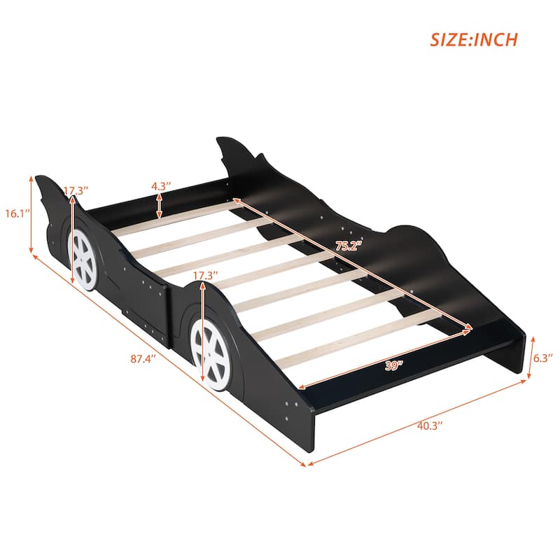 Children's Platform Bed Twin Size Racing Car Bed with Guardrail, Pine Wood Frame, Slats Support and Fun Wheel Design