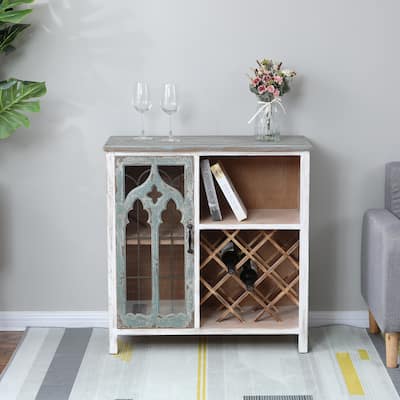 Distressed White and Grey Wood 1-Door Storage Wine Cabinet