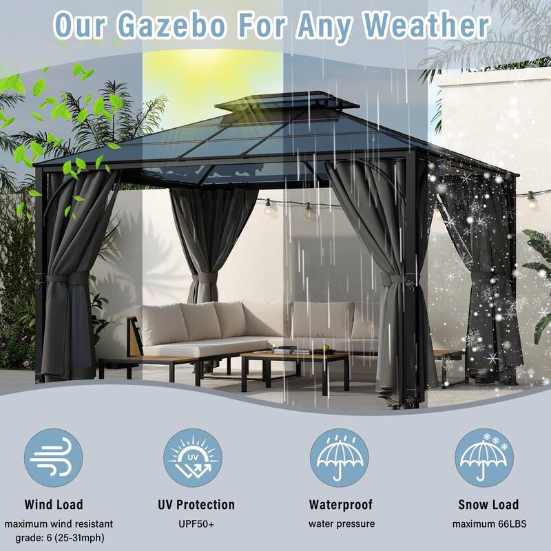 10x12 FT Outdoor Heavy Duty Aluminum Hardtop Gazebo with Double Roof