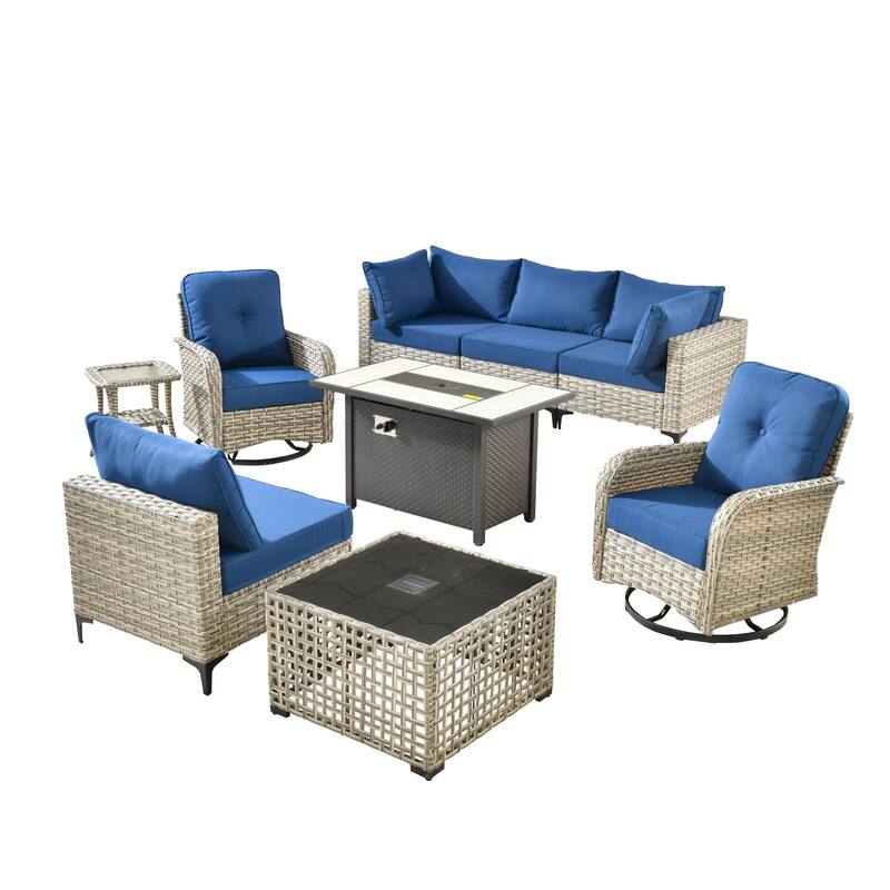 HOOOWOOO 9-piece Wicker Outdoor Patio Furniture Fire Pit Set with Swivel Chairs