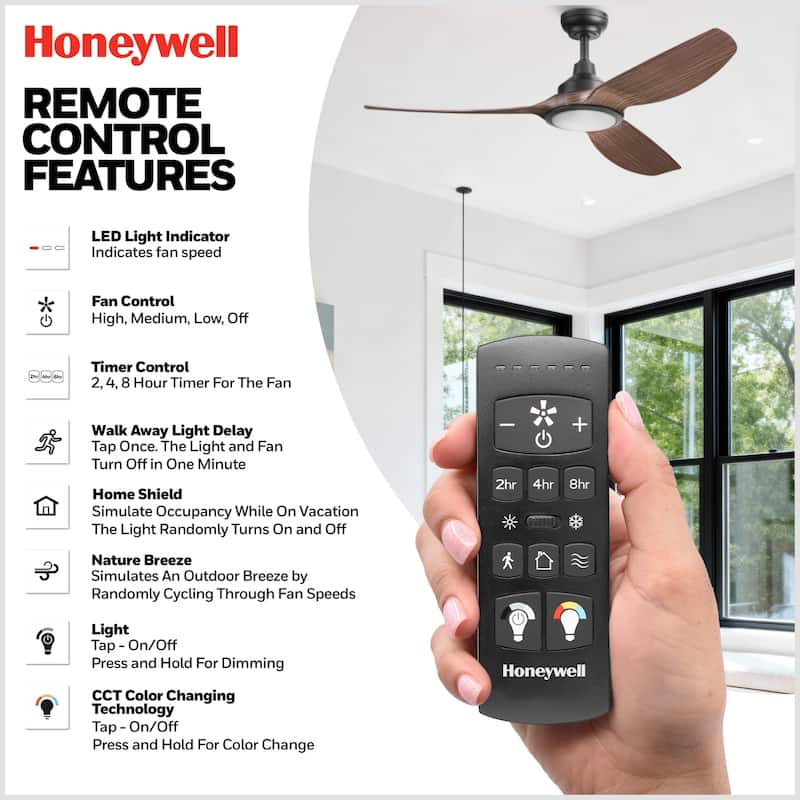 Honeywell "Sirro" 52-Inch Matte Black with Chocolate Auburn Blades Damp Rated Ceiling Fan with Dimmable LED Light