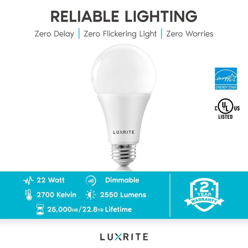 Luxrite A21 LED Bulbs 150 Watt Equivalent, 2550 Lumens, Damp Rated, Dimmable, Energy Star, E26 Base (4 Pack)