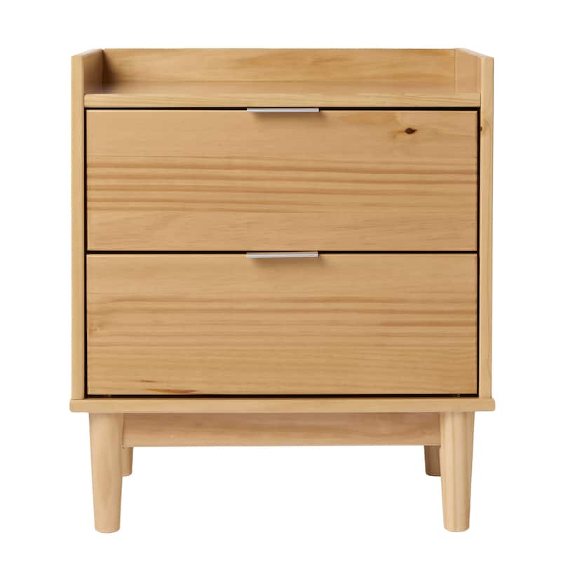 Mid-Century Modern Nightstand, Solid Wood with Two Drawers, Natural Pine