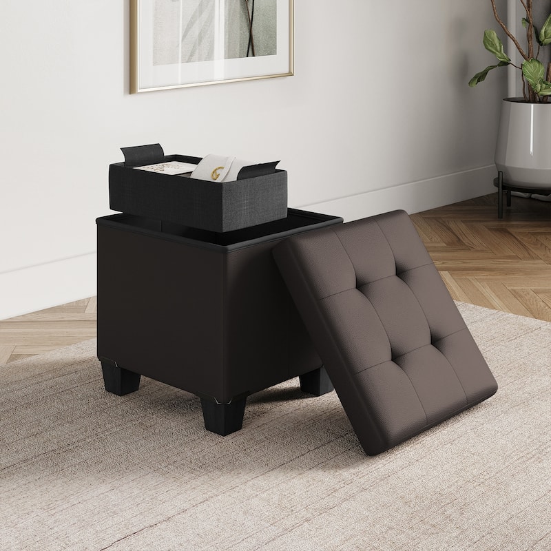 Empyrean Tuffted Folding Foot Rest Storage Ottoman Bench with Storage Bins - 15 Inch - Brown Leather