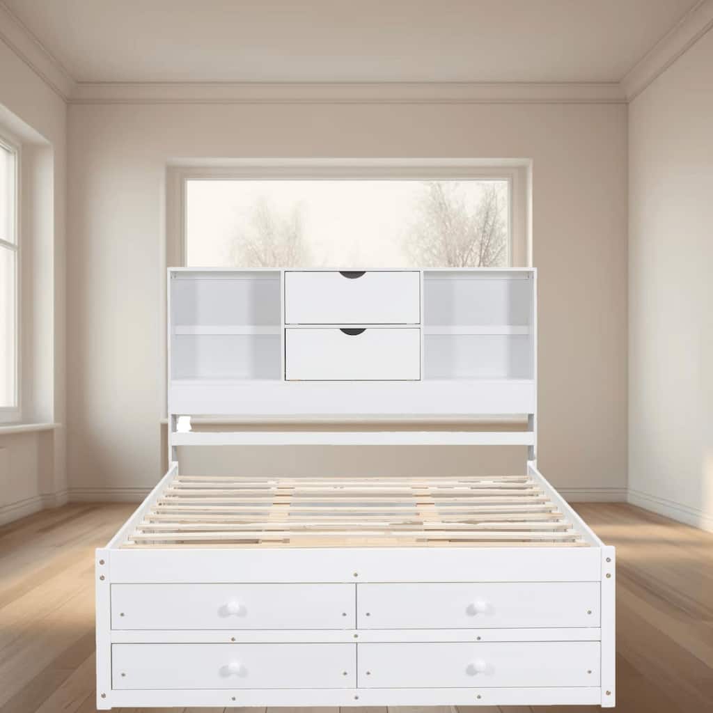 Queen Size Platform Bed Frame with 8 Drawers and Storage Headboard, Sturdy Wood Frame, No Box Spring Needed, Bedroom Furniture